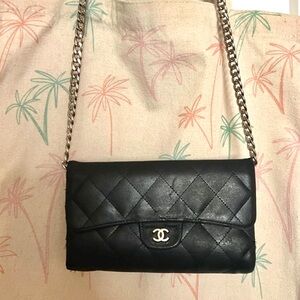 Authentic Chanel quilted black flap wallet with unbranded chain